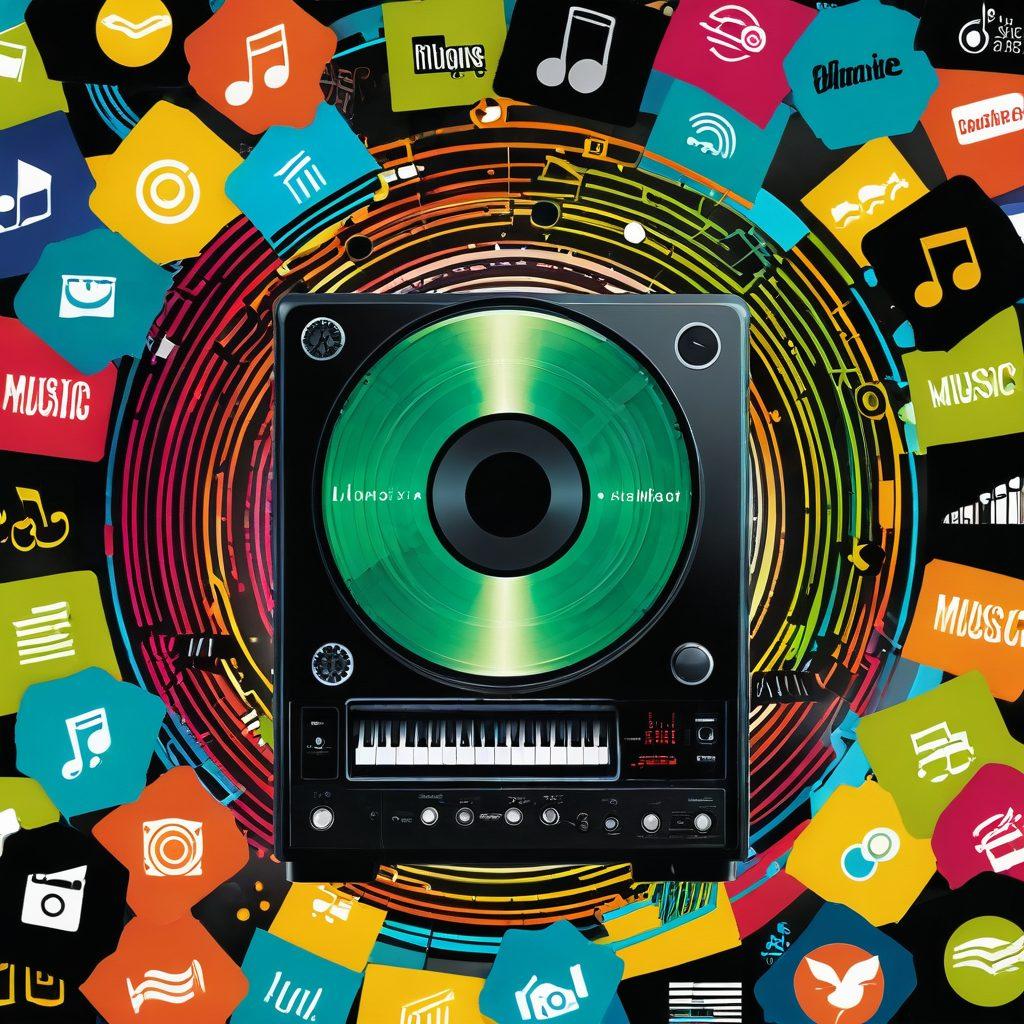 A contrasting collage illustrating the evolution of music sharing, featuring a nostalgic LimeWire logo, vintage CD covers, and modern streaming app icons. Include an old computer with a download progress bar next to a smartphone displaying a popular streaming service. Add musical notes and colorful waves representing audio streaming across the background. vibrant colors. digital art. retro-futuristic.