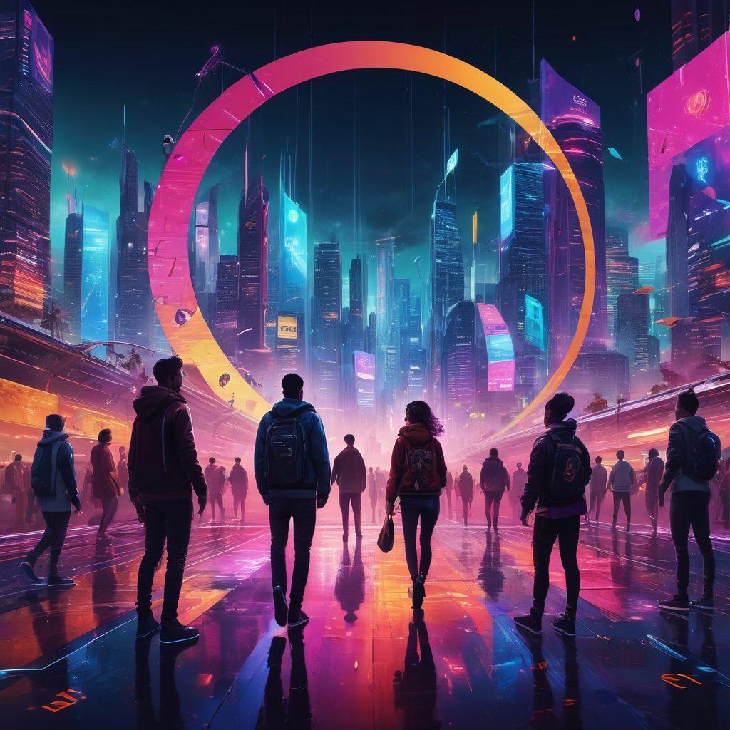 A futuristic scene showcasing diverse people sharing music through high-tech devices, with vibrant sound waves visually flowing between them. Include stylized graphics of open-source symbols like gears and notes around them, representing collaboration and innovation. The background should be a blend of a digital cityscape and abstract music notes, giving a sense of movement and connection. super-realistic. vibrant colors. cyberpunk.