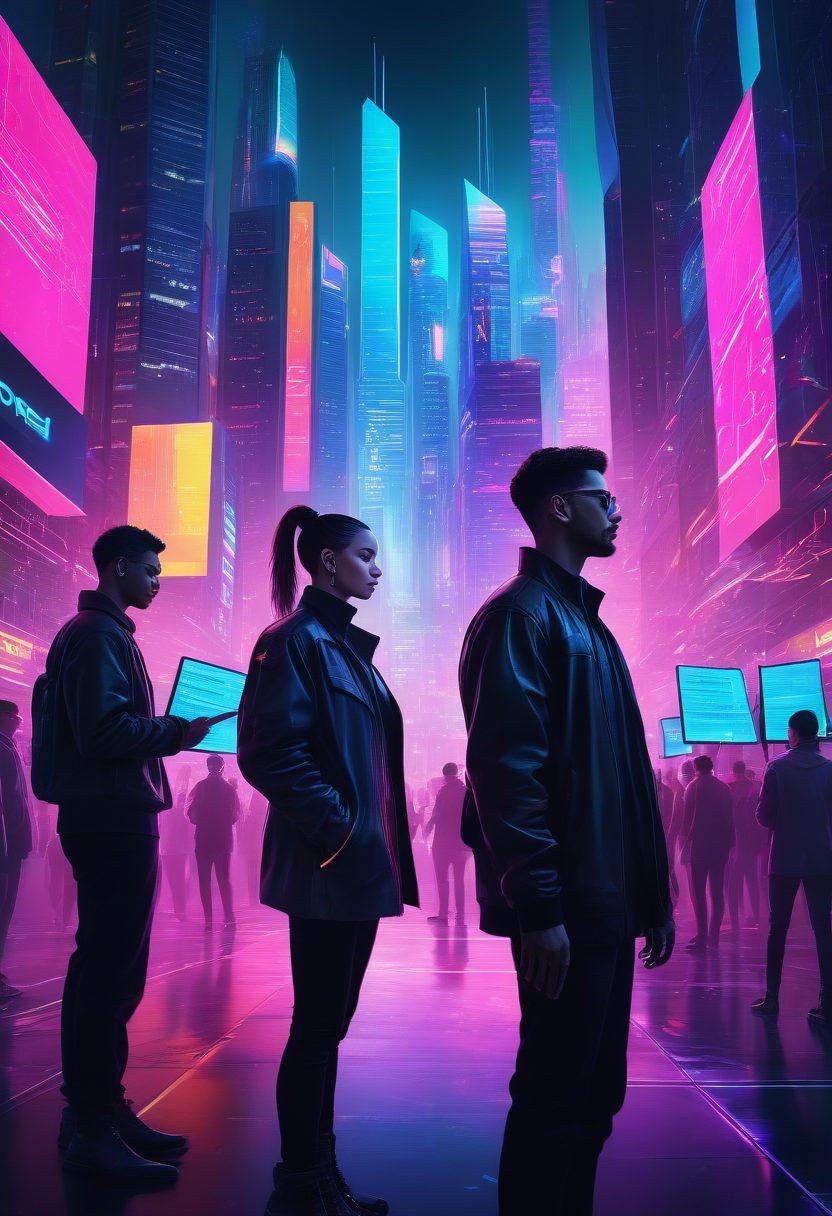 A futuristic scene showcasing a diverse group of musicians and tech experts collaborating over high-tech devices, with holographic files of music notes and digital content floating above them. The background features a sleek, modern cityscape symbolizing advanced technology, while colorful sound waves emanate from their devices, representing seamless file transfer. Bright, vibrant colors enhance the excitement of digital sharing. cyberpunk. super-realistic.